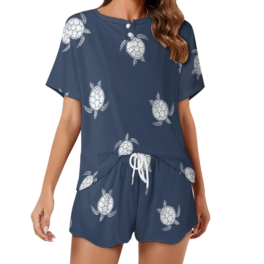 Modello di tartarughe marine da donna in 2 pezzi abbottonato manica corta con bottoni sul davanti pigiameria Loungewear PJ Set Summer Home Suit