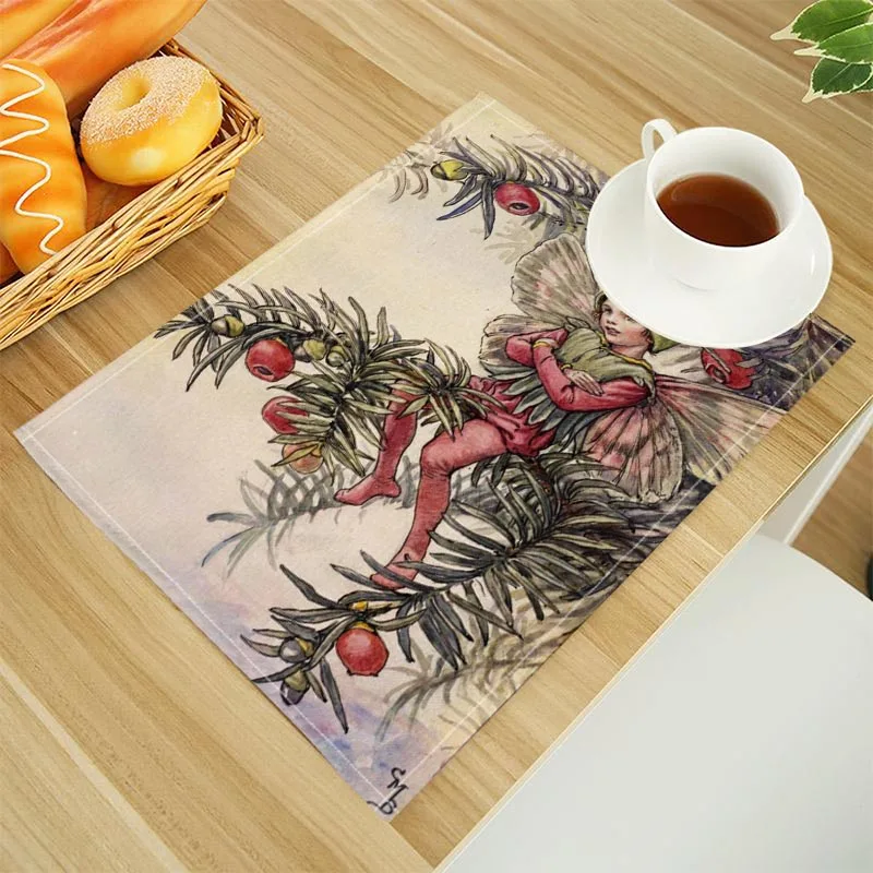 The Fairies Of The Winter Print Linen Dining Table Mats Alphabet Kitchen Placemat 30X40cm Coasters Pads Bowl Cup Mat