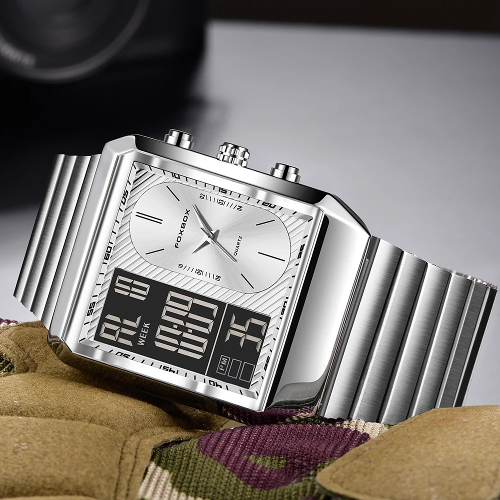 LIGE ใหม่แฟชั่นสแควร์นาฬิกาดิจิตอลผู้ชาย Casual กีฬากันน้ําผู้ชายนาฬิกาข้อมือควอตซ์ FOXBOX แบรนด์หรู Chronograph