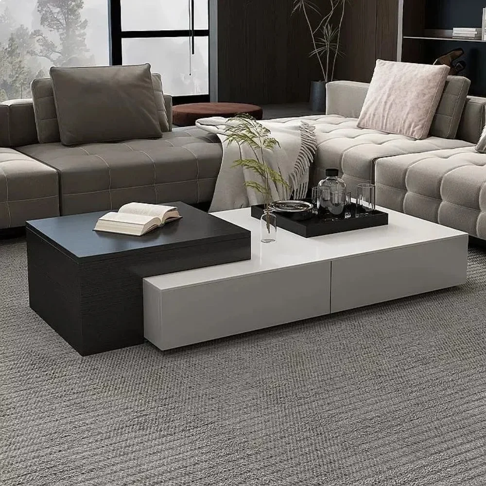 WQ Extendable Sintered Stone Coffee Table with Smoked Wood Italian Minimalist Luxury Villa Design
