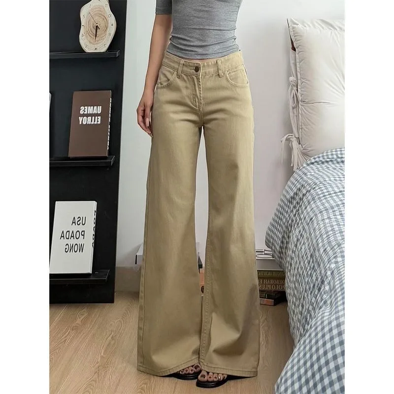 

American-style Washed Vintage Khaki Microflare Jeans for Women, New Spring Style, Slim-fitting Straight-cut Microflare Pants