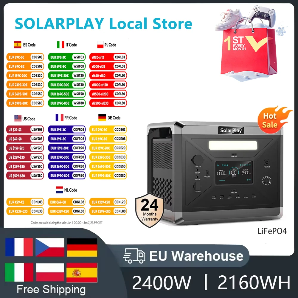 SOLARPLAY 2400W (4800W Peak)Portable Power Station LiFePo4 Batteries 220V AC Outlets Power 2160WH Solar Generator Campervan RV