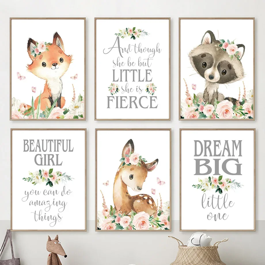 

Fox Deer Raccoon Woodland Animals Wild Flowers Custom Name Art Canvas Painting Posters Prints Wall Pictures Kids Girl Room Decor