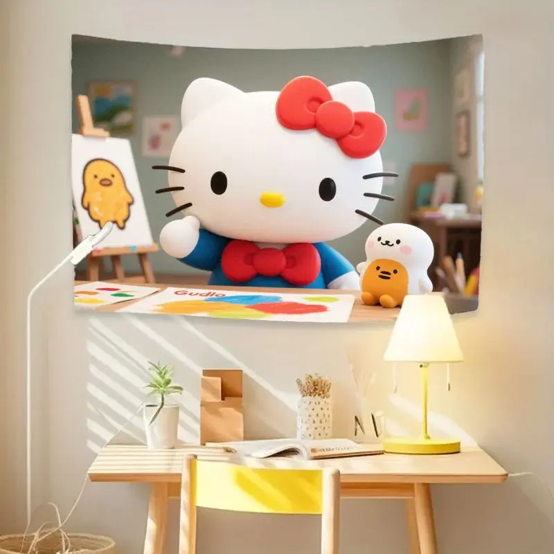 1PC Sanrio Hallo Kitty Malerei Kunst Klasse Nette Kawaii Mädchen Geschenk Tapisserie Moderne Polyester Wand Kunst Wohnzimmer Schlafzimmer Dekor