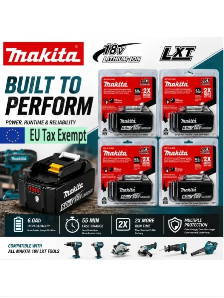 Original Makita 18V 6,0Ah Lithium-Ionen-Akku für LXT-Werkzeuge, Hochleistungs-BL1860B-Ersatz für BL1850B BL1840B BL1830B
