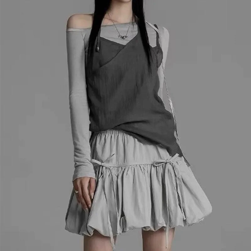 Korean Lace-up Pleated Mini Skirts for Women Solid Ruffles Bowknot Short Dress Loose A-line Streetwear Summer 2024