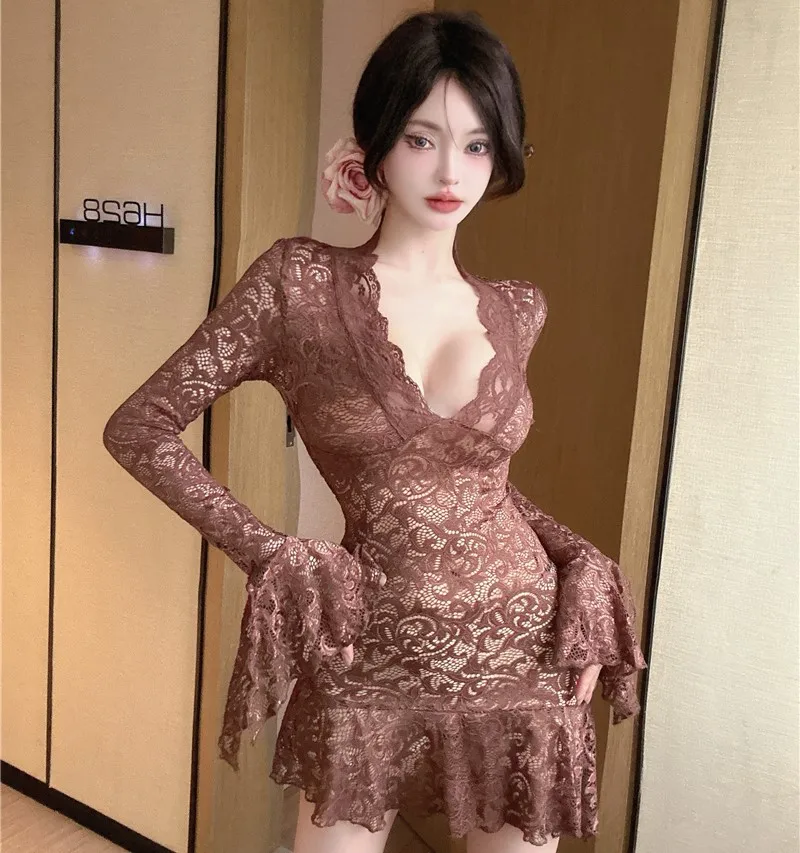 مثير المنخفضة قطع الخامس الرقبة الدانتيل الخصر cinching التخسيس غير النظامية متوهج كم مزاجه اللباس #6