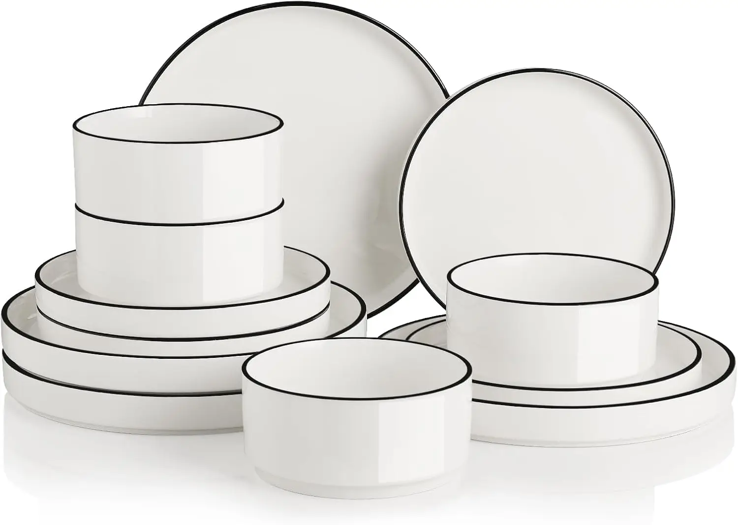 

Porcelain Dinnerware Sets for 4, 12 Pieces Ceramic Plates and Bowls Set, Classic Modern Simple Kitchen Dinner Dining Ware Set, D
