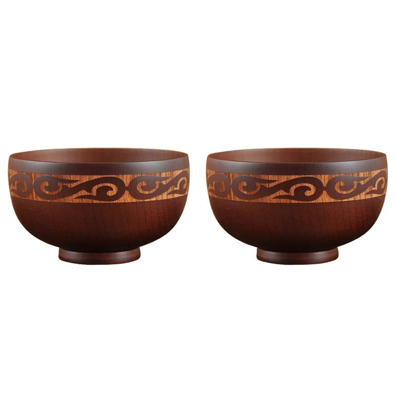 

2X Mongolian Style Wooden Bowl Soup Salad Rice Noodle Bowls Ethnic Style Natural Wood Kids Wood Bowl Tableware
