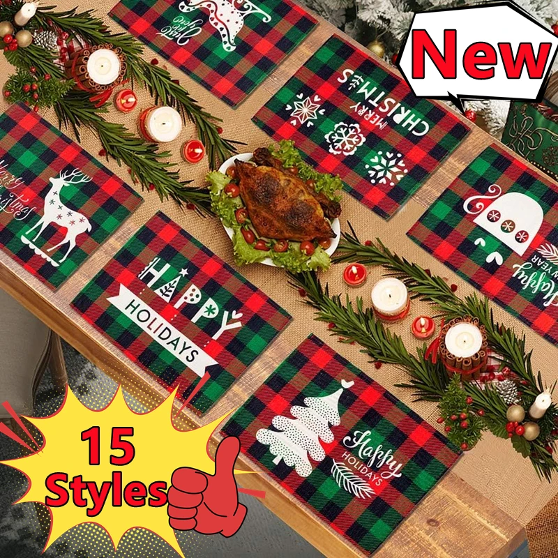 Manteles Individuales navideños a cuadros rojos y verdes, tapete Reversible resistente al calor para Papá Noel, decoración del hogar, regalos de Navidad, nuevo