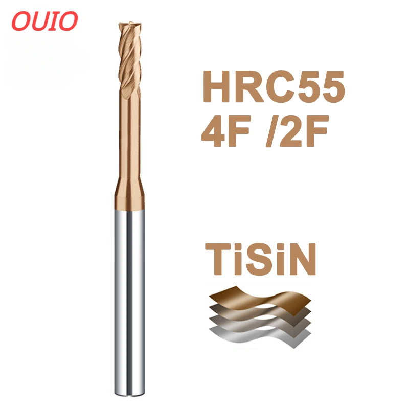 OUIO HRC55 Deep Groove Tungsten Carbide End Mills 2 4 Flutes Long Neck Milling Cutters CNC End Mill For  Long Flute 12 16 20mm