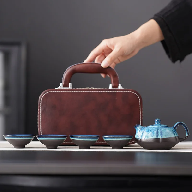 

Ceramic Kung Fu Travel Tea Set Kiln Change One Pot Four Teacups Chinese Outdoor Kung Fu Tea Set with Teaware Portable Gift New