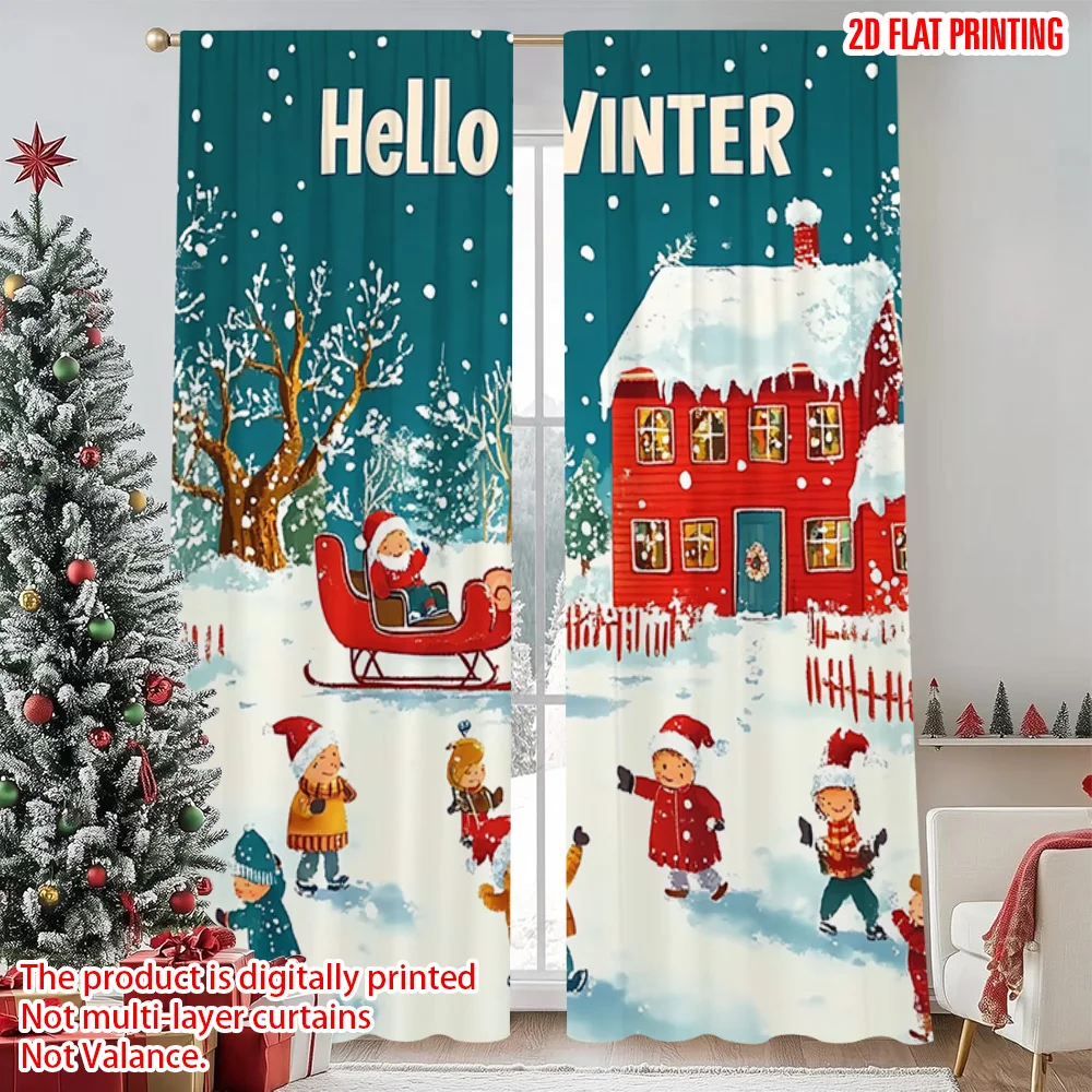 

2pcs 2D flat printing Merry Christmas Scene Curtains Christmas Village_ Durable 100% Polyester Fabric Without Electricity Party