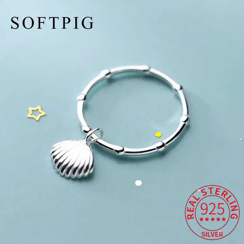 SOFTPIG Real 925 Sterling Silver Minimalist Shell Ring For Fashion Women Party Cute Fine Jewelry Accessories Birthday Gift