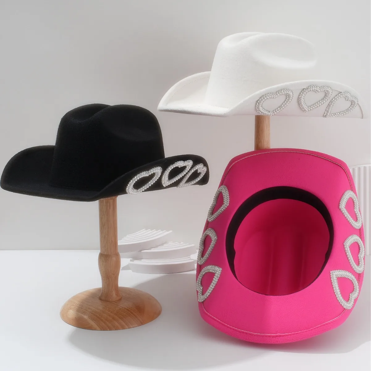 

HongLuan Black Felt Fascinators Hats Rhinestone Woman & Felt Fedora Belt Cowboy Hat Woman, Flat Wide Brim Party Caps for Man