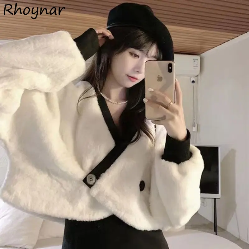 

Winter Coats Jackets Women Baggy Cropped Panelled Warm Thick Temper V-neck Ins Korean Fashion Elegant Gentle Chaqueta Aesthetics