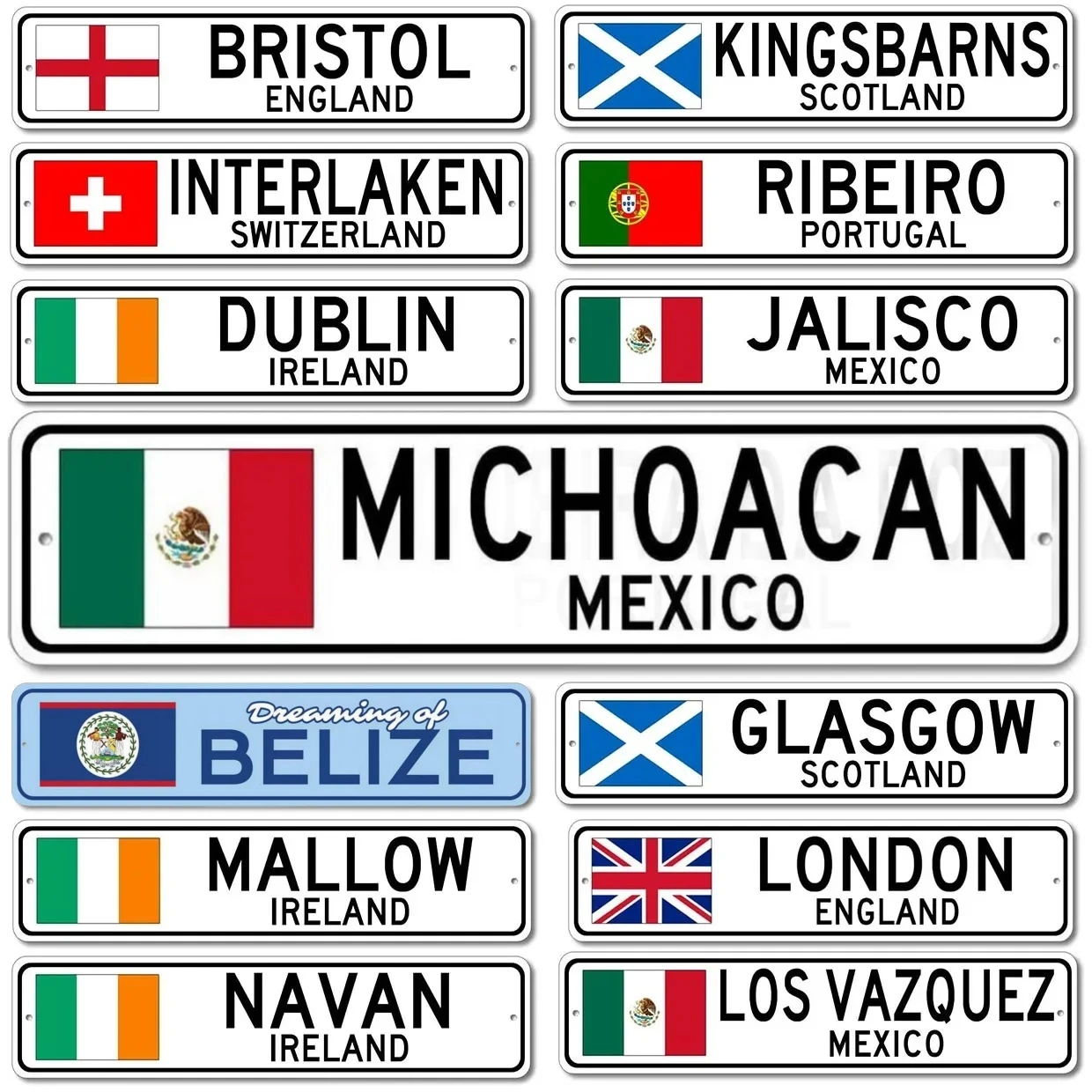 HD Tin Sign, World Country Flag City Name Metal Wall Art, Global Travel Decor Set