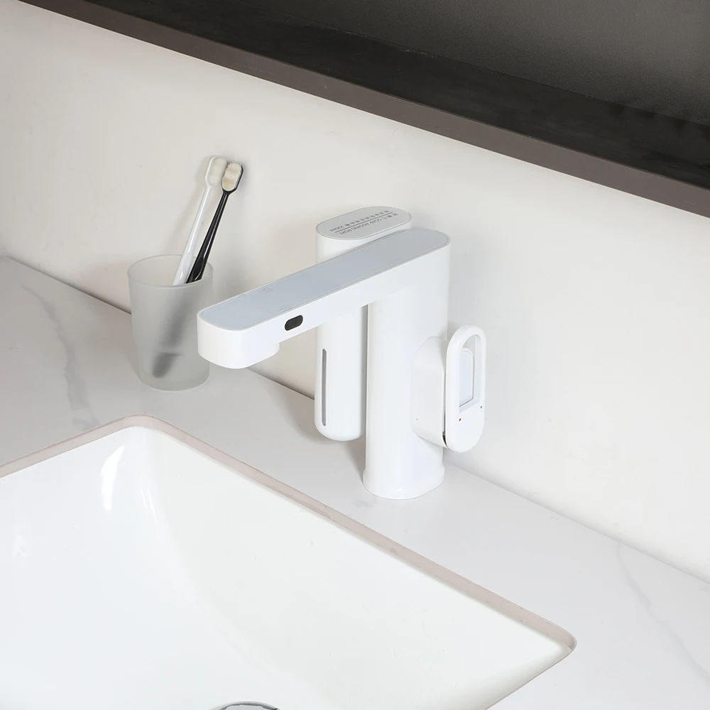 Imagem -03 - Zappo-torneira Automática do Banheiro do Sensor Saboneteira Inteligente Torneiras de Pia de Bacia Branca Deck Montado Torneira Misturadora Preto