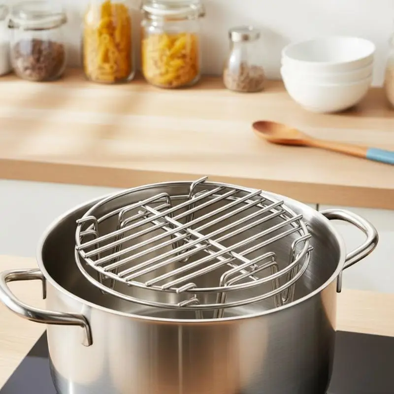 Rejilla de acero inoxidable 3 en 1: se puede usar como inserto para vaporera, bandeja para freidora de aire o soporte de enfriamiento para horno, apto para lavavajillas.