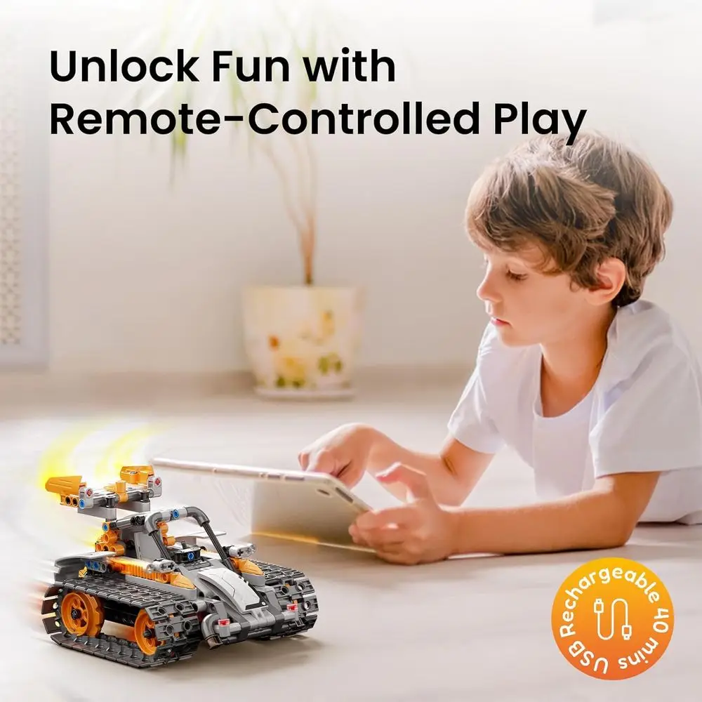 Kit robot STEM 5 in 1 per bambini 8-12, set di codifica e costruzione telecomandati con 488 pezzi - arancione