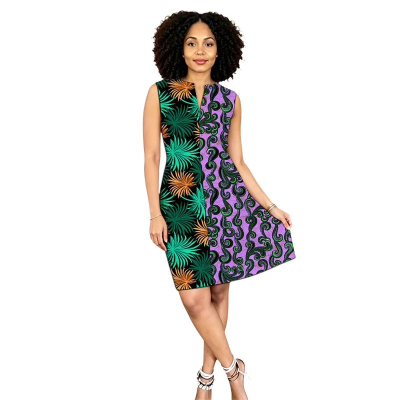 Zipper Placket African Dress Collarless Vintage Style Women's Ankara Outfit Print Symmetrical Design Sleeveless Dresses Tailored