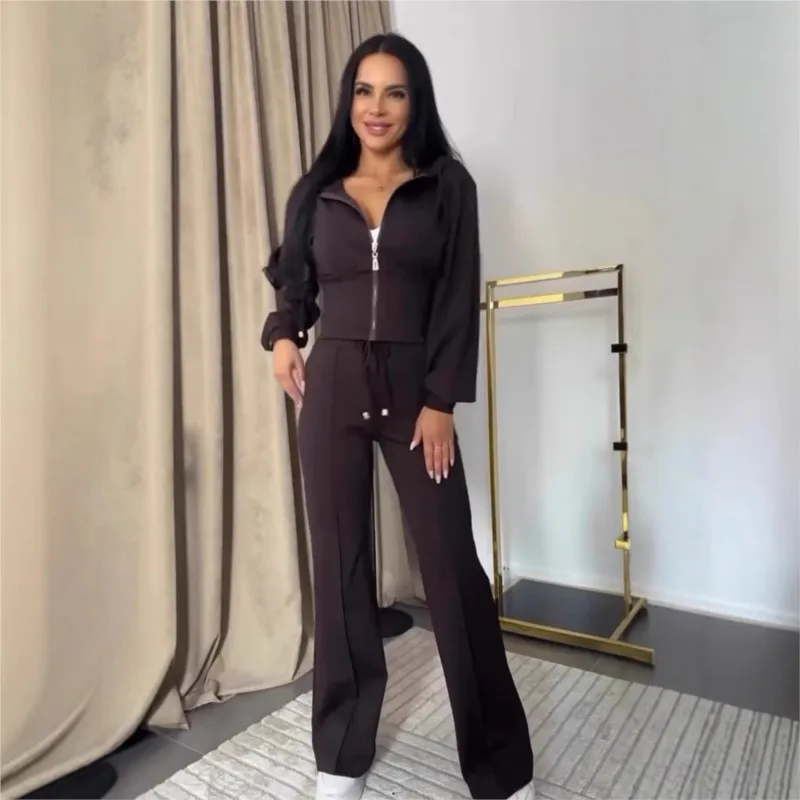 

Весенне-осенний короткий топ с капюшоном на молнии, женский костюм, однотонный, модный, тонкий, простой, элегантный, женские спортивные штаны, комплект из 2 предметов, 2025 г.