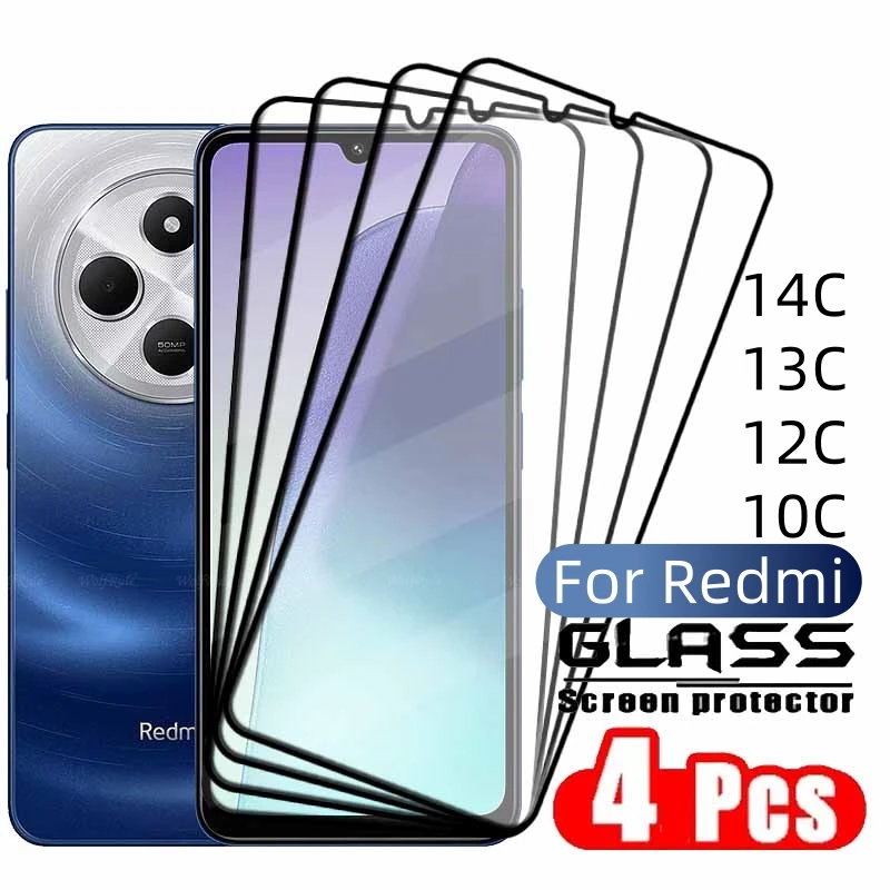 4PCS For Redmi 14C Glass Xiaomi Redmi 14C 13C 12C 10C Tempered Glass 9H HD Protective Full Cover Glue Screen Protector Redmi 14C