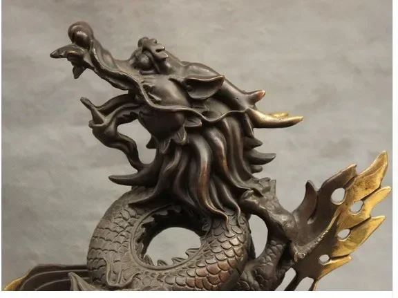 Chinese Royal Guard Pure Bronze Wealth Flying Coiled Dragon Bead Seat Statue