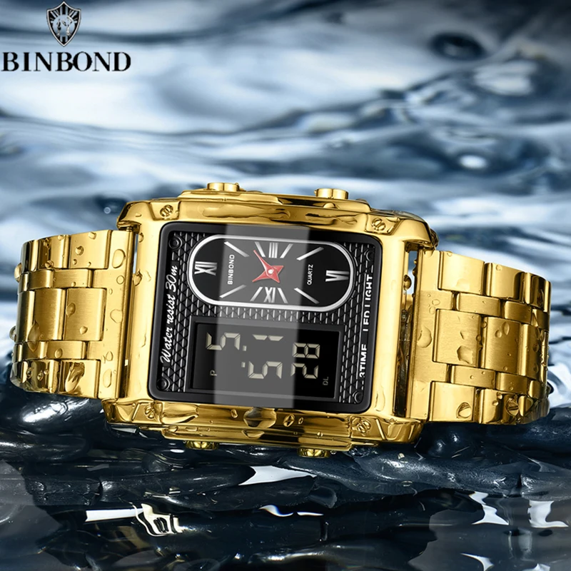 BINBOND Top Brand Luxury Watches for Men Fashion Quartz Wristwatch Square Gold Stainless Steel Business Clock Relogio Masculino