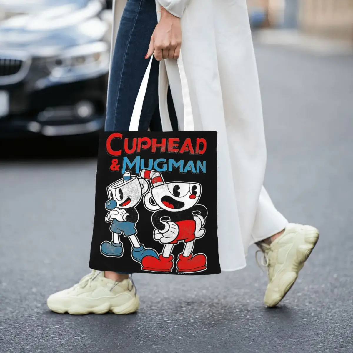 Cuphead & Mugman Dynamic Duo Sac fourre-tout en toile pour femme, sac d'épicerie grande capacité, sacs d'école