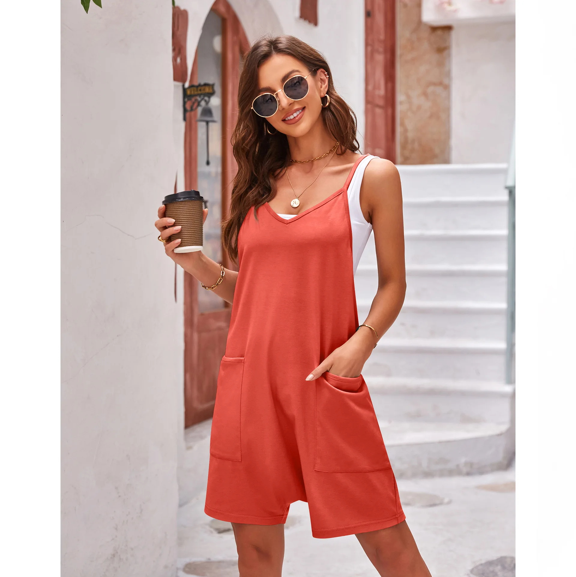 Women's Sleeveless Suspender Jumpsuit with Pockets - usage example