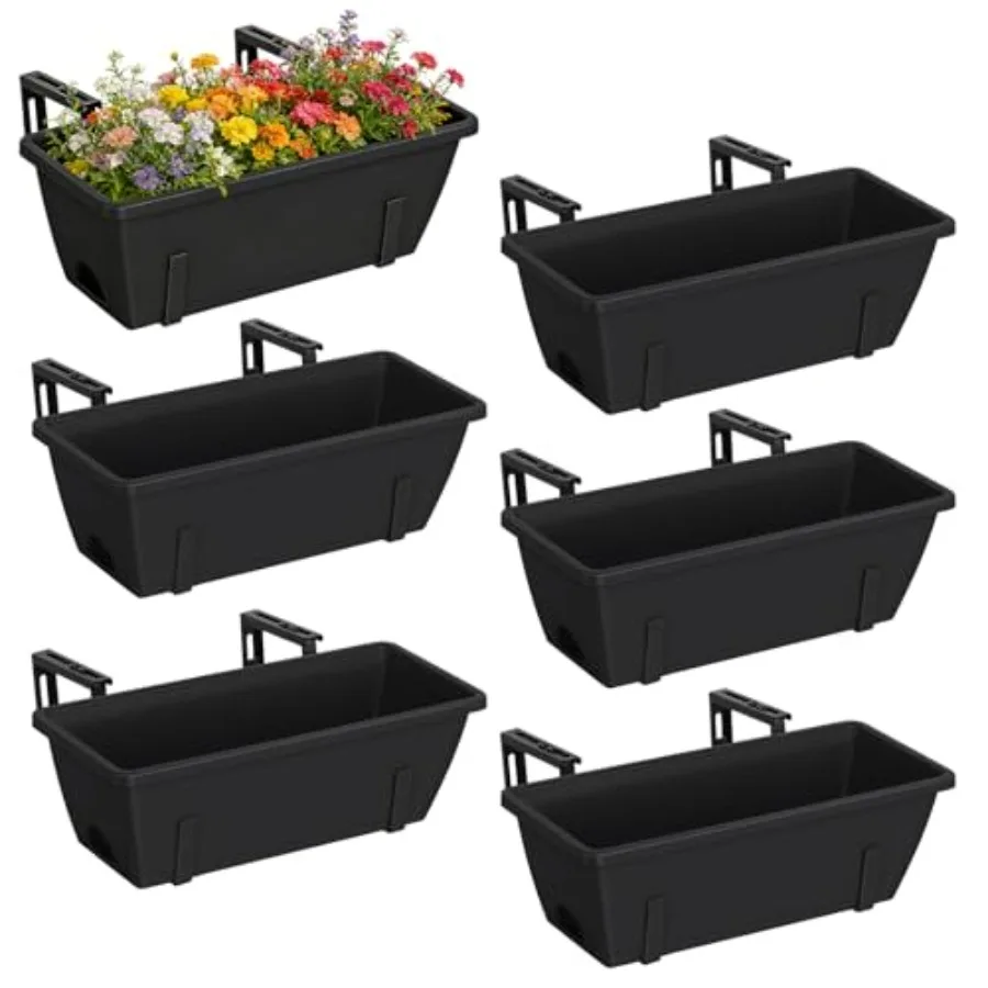 

6 PCS Railing Planter Boxes, Planter Boxes with Adjustable Bracket, 17 Inch Deck Rail Planters for Outdoor Plants, Flower Pots