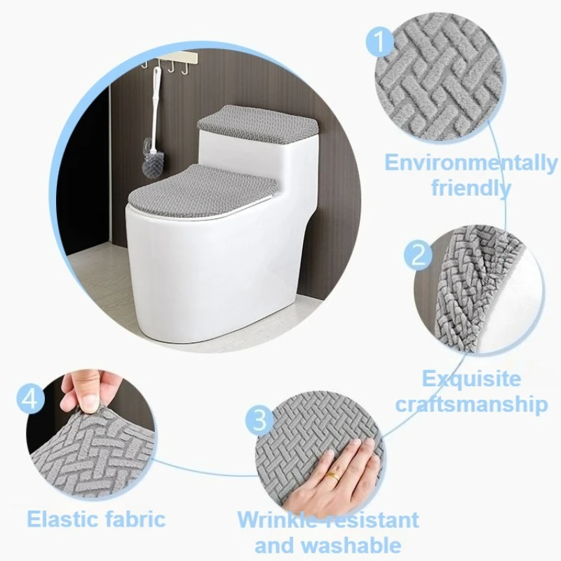 2026 Spring New Premium Reactive Dyeing Solid Color Elastic Washable Twill Polyester Toilet Seat & Tank Cover Set Home Decor