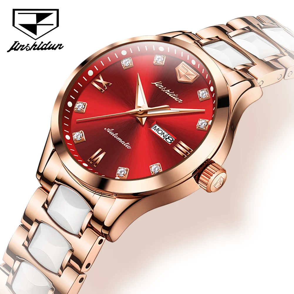 JSDUN Automatic Watch for Woman Seiko Movement Ceramics Strap Elegant Luxury Rose Gold Mechanical Ladies Dress Wrist Watch 8947