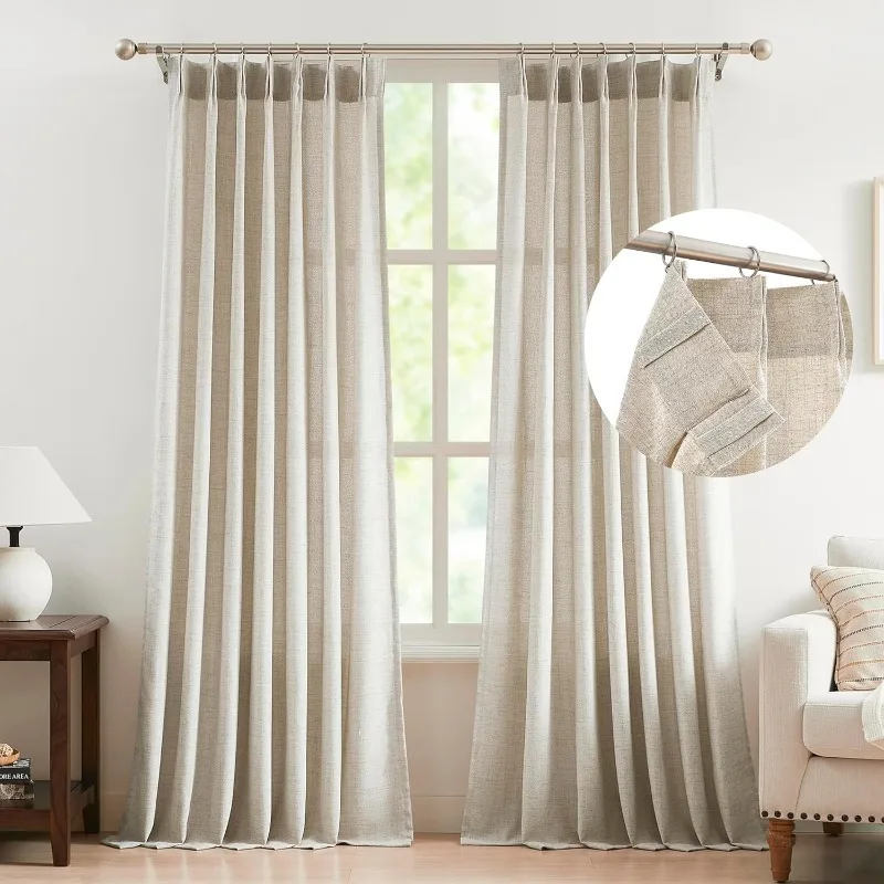 Linen Pinch Pleated Curtains 96 Inches Long for Living Room,Beige Semi Sheer Pleat Drapes for Bedroom with Hooks,Light Filtering