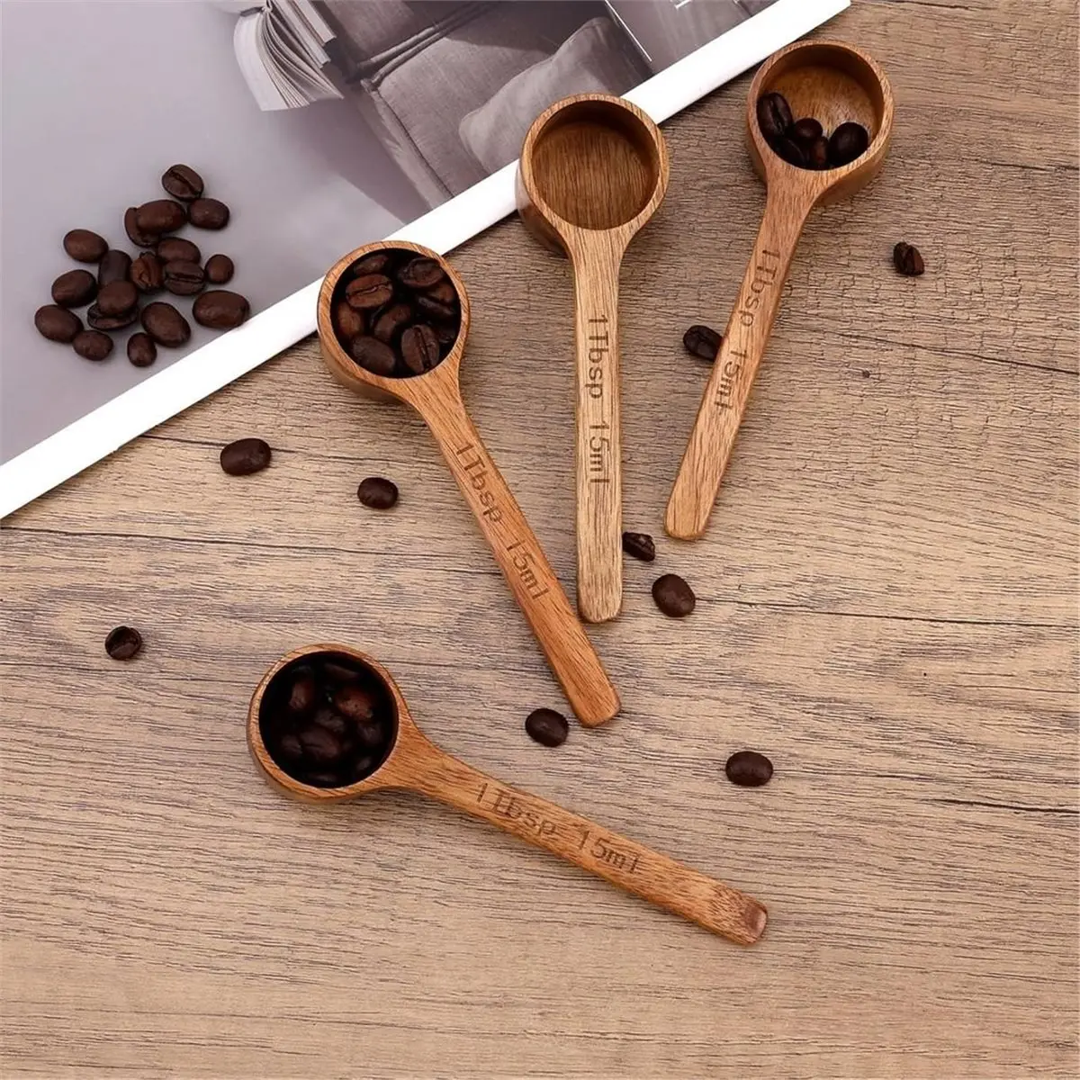 4 Pack AcaciaWood Measuring Spoons, 1 Tbsp (15ml) Wooden Coffee Scoop, Wooden Tablespoon for Tea, Sugar, Spices Beans