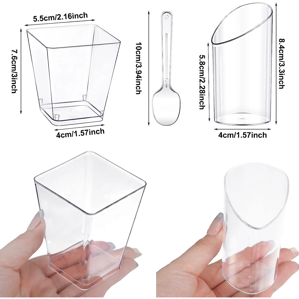 200 Pack Mini Dessert Cups with Spoons Clear Plastic Parfait Appetizer Cup Slanted Round Cup for Desserts Heart Square Clear