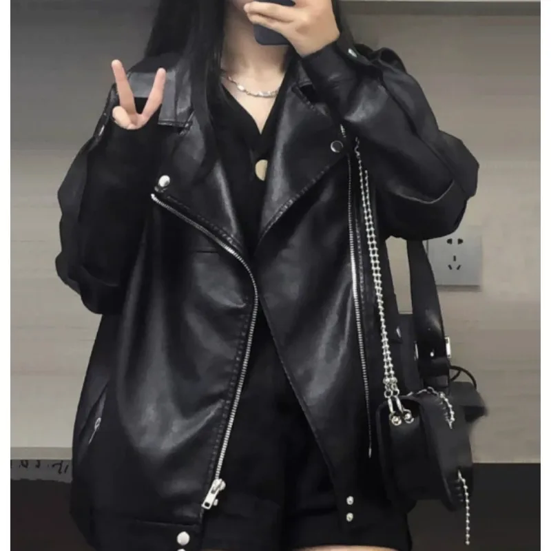 PU 가죽 두꺼운 재킷 여성용 루즈핏 코튼 아메리칸 스타일 레트로 코트 하이스트릿 스타일 긴팔 턴다운 칼라 재킷