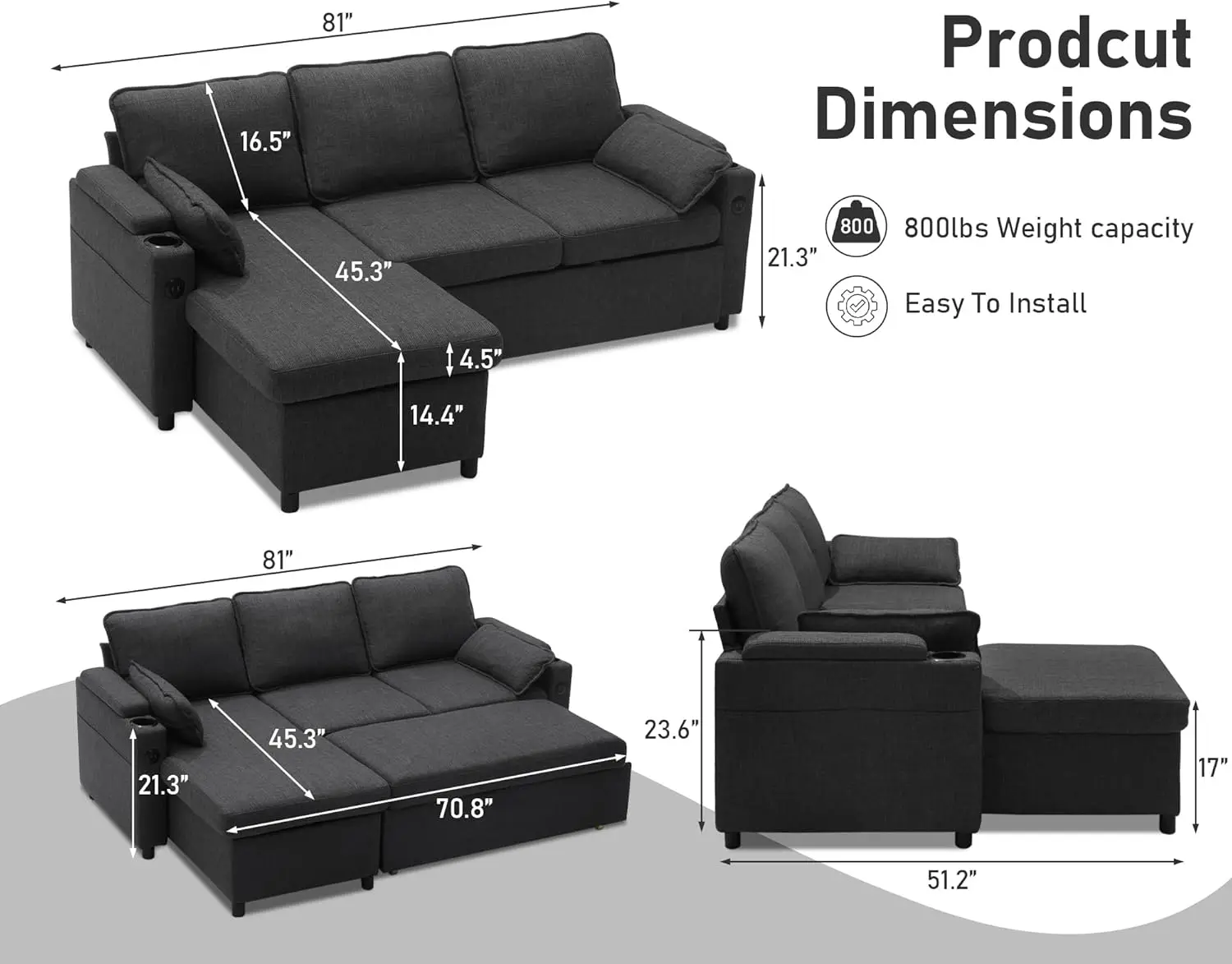 Duraspace Sofa Bed Sleeper Pull Out 2 In 1 Sectional Sleeper Sofa Couches With Storage,Usb, Cup Holder,Pullout Sectional