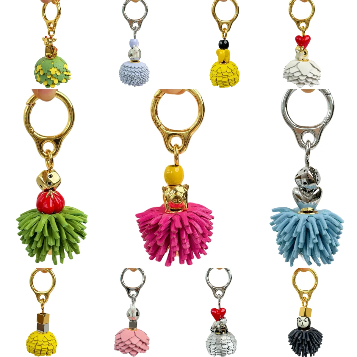 Fashionable mini animal image leather flower tassel metal keychain multi-color fashionable handbag backpack pendant decoration