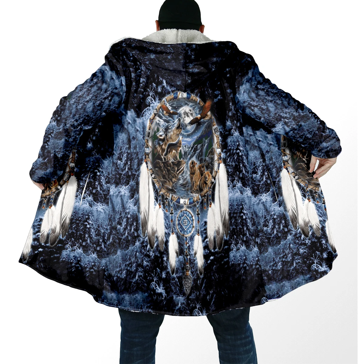 Winter Fashion Men's cloak Native Wolf Animal Pattern 3D Printed Thick Fleece Hooded Cloak Unisex Casual Warm Cape Coat DP84