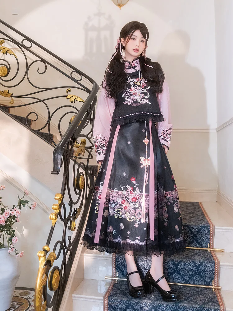 

Cloud Conceals Moon Embroidery Pink Ink Original Improved 8-point Tailed Skirt round Ne Women's Set Summer Hanfu