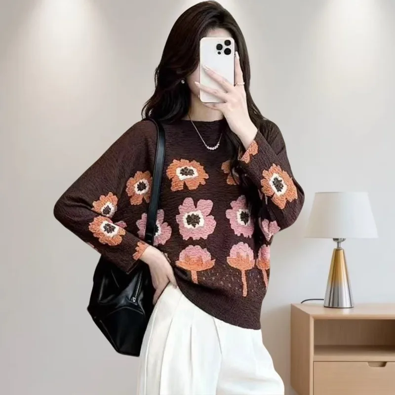 

Three Pleated 2025 Fall New Sunflower Design T-shirt Long Sleeve Pleated Printed T-Shirt Stretchy Plus Size Fold Tops for Women