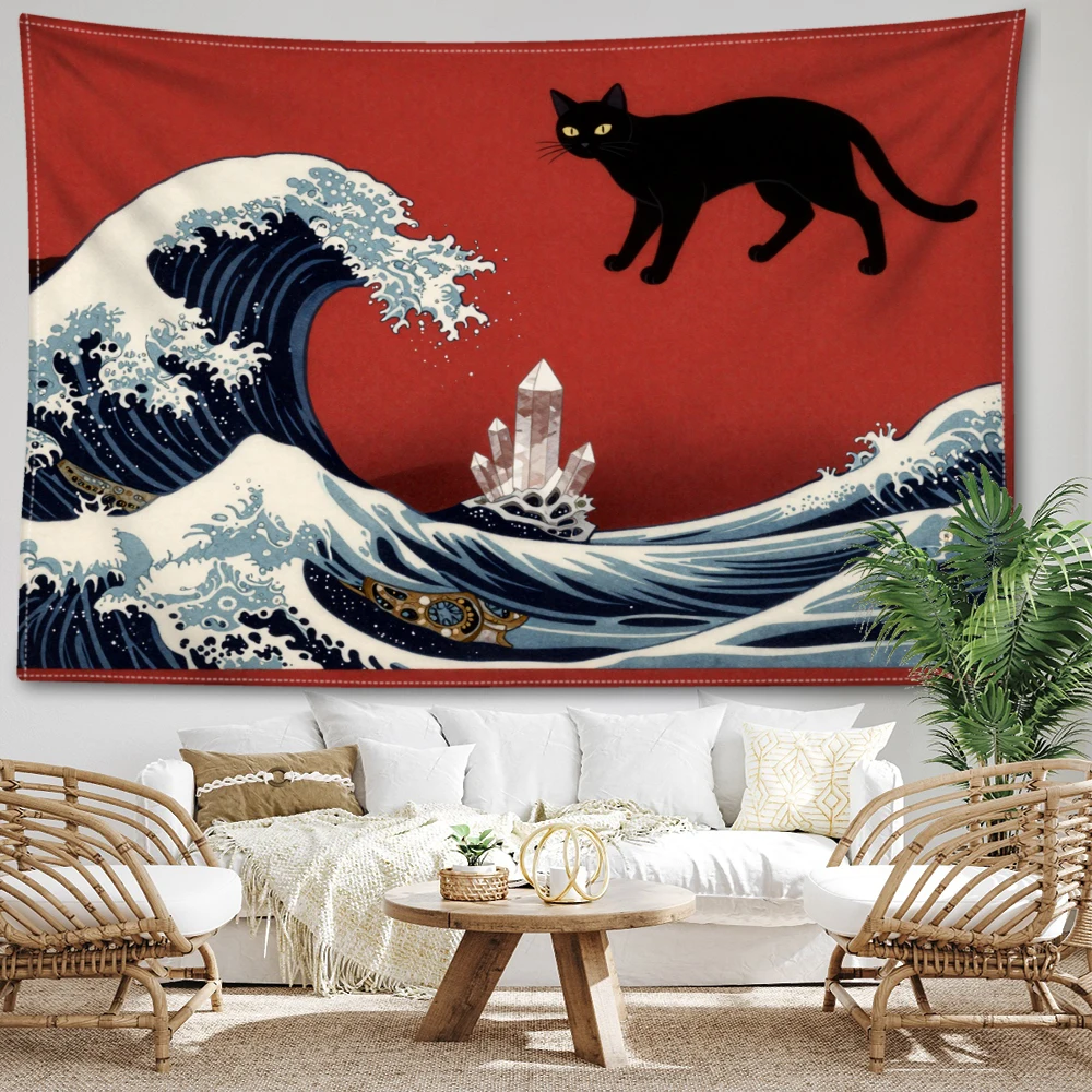 Red Ukiyoe Sea Wave Black Cat Crystal Wall Tapestry, Traditional Boho Decor