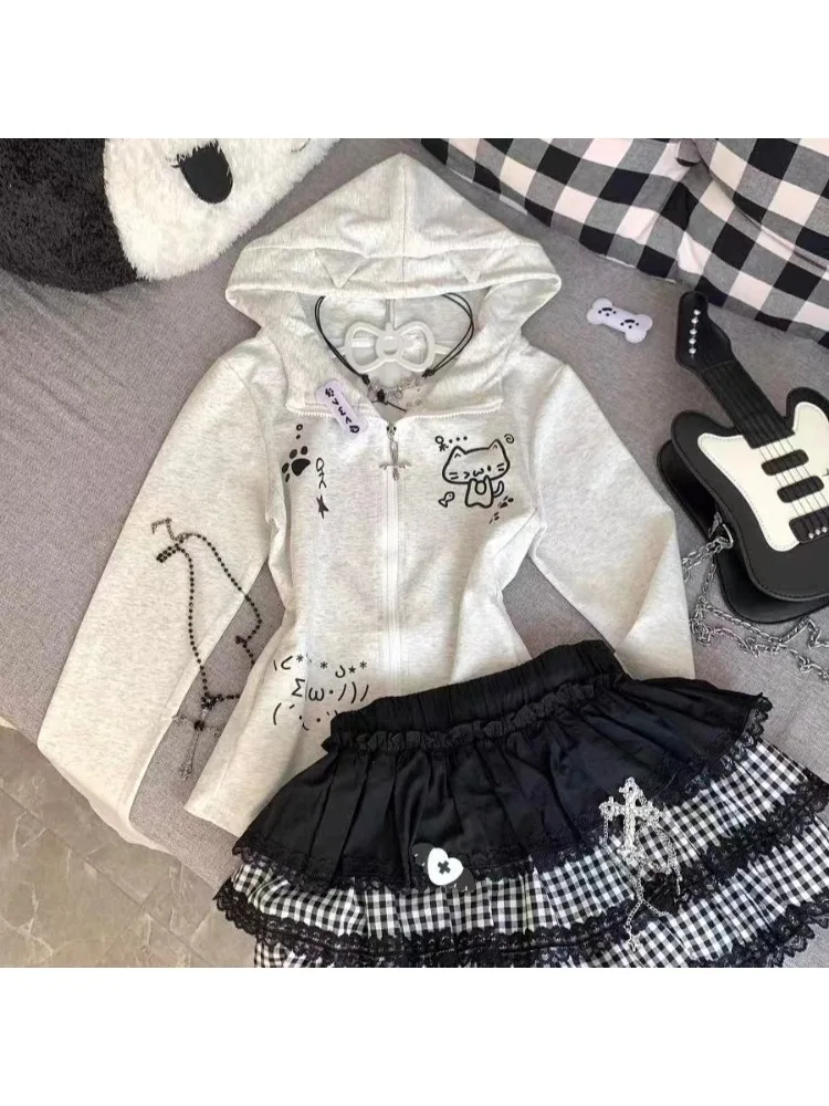 HOUZHOU Gray Cartoon Print Kawaii Women Hoodies Cutecore Japanese Style Long Sleeve Zipper Sweatshirt Slim Cat Ear Preppy Autumn