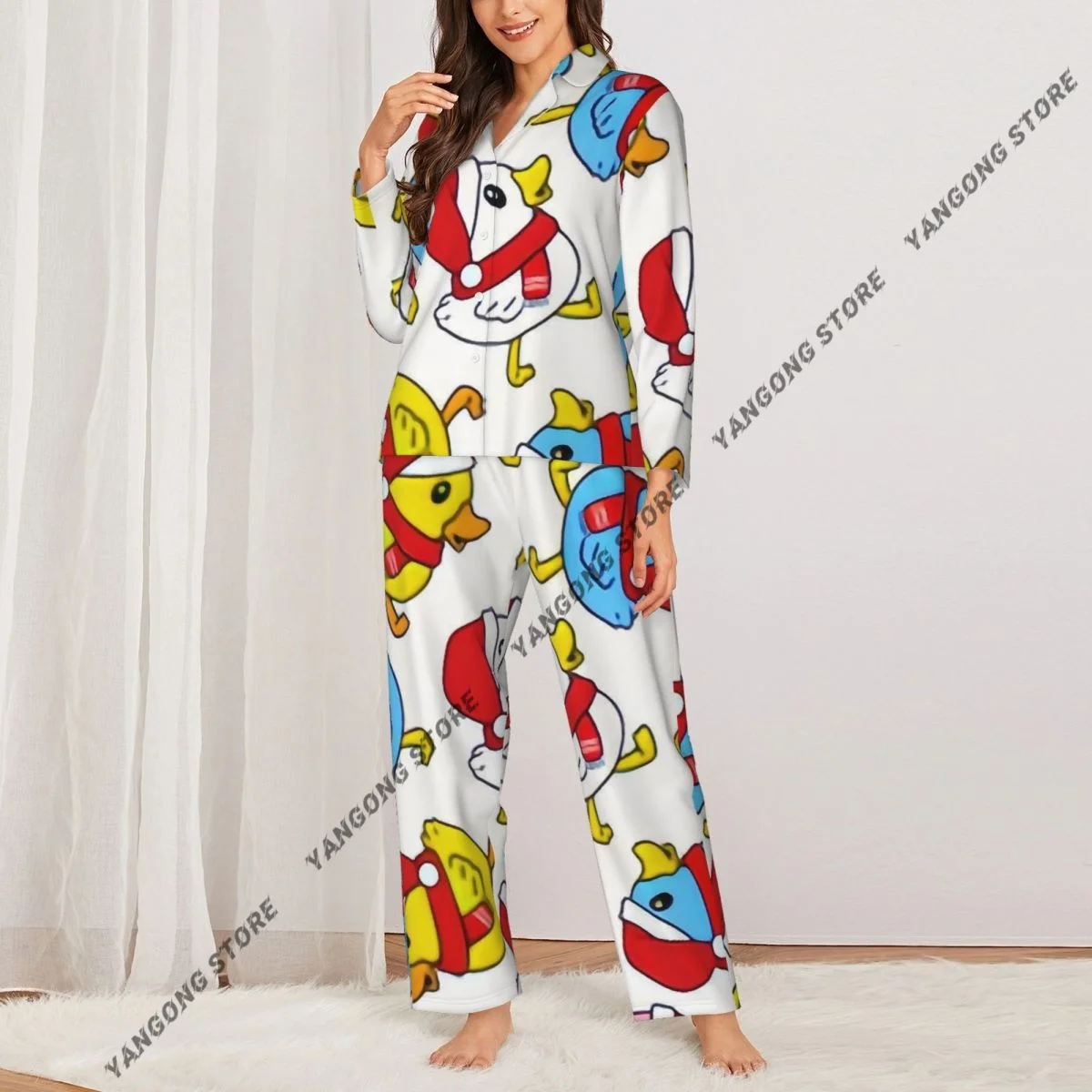 Spring and Autumn Pajama Set Women's Long Sleeve Pants Two Piece Duck Santa Claus Hat Christmas Print Home Furnishing Set