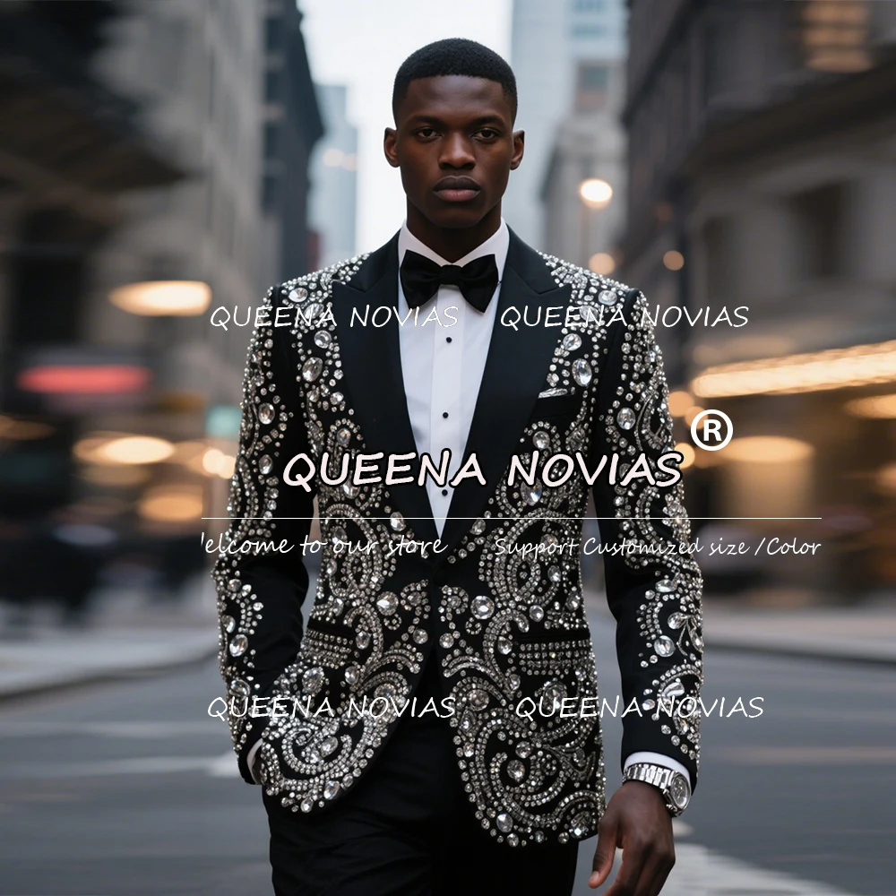 Abiti da sposo da sposo con perline di diamanti scintillanti 2 pezzi smoking da ballo monopetto personalizzato uomo banchetto festa blazer di lusso