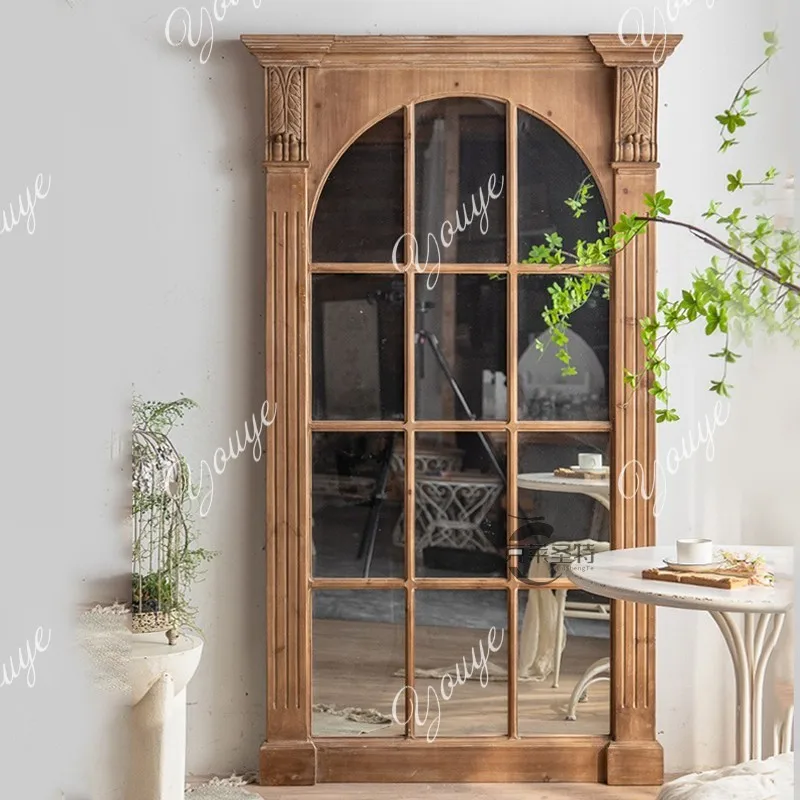 

American retro wooden house decorative mirror creative art floor fitting mirror French old background wall mirror