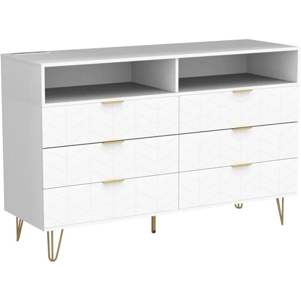 Commode double à 6 tiroirs avec prise de courant et lumière LED, commode longue blanche avec rangement, meuble tv large en bois