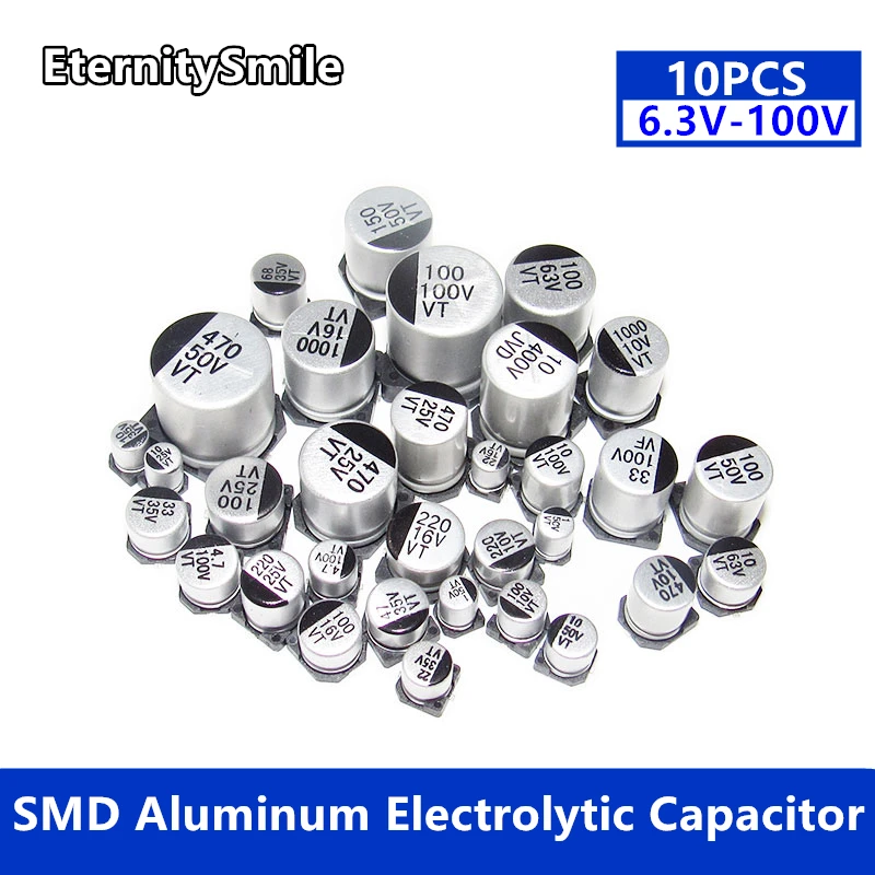 10Pcs SMD Aluminum Electrolytic Capacitor Kit 6.3/10/16/25/35/50/63/100V 1/2.2/4.7/10/22/33/47/100/220/330/470/680/1000/2200UF